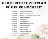 Der perfekte Zeitplan für eure Hochzeit: ab 15 Uhr Trauung, danach Feierlichkeiten wie Sektempfang, Abendessen und Party.