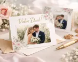 Hochzeitspaar auf Dankeskarte mit Blumen. Ein liebevoller Gruß nach der Hochzeit.