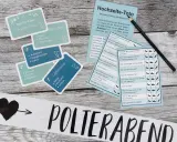 Hochzeitsspiele für den Polterabend: Karten mit Begriffen und ein Toto-Spiel, um das Brautpaar besser kennenzulernen.