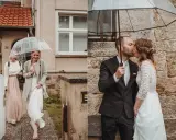 Brautpaar küsst sich unter einem Regenschirm. Eine Braut mit Begleitung geht im Regen. Hochzeit Regen.