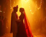 Ein Brautpaar in traditioneller Kleidung blickt sich an, umgeben von warmem Licht und Lichtern. Eine romantische Bollywood-Hochzeit.