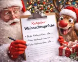 Nikolaus und Rentier erstellen eine Liste mit kurzen Weihnachtssprüchen.