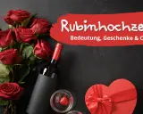 Rote Rosen, Wein und eine Herzschachtel symbolisieren die Rubinhochzeit Bedeutung. Ein Fest der Liebe nach 40 Jahren Ehe.