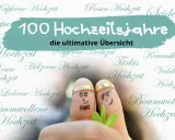Zwei Finger mit Gesichtern und Ringen feiern 100 Hochzeitsjahre. Die Übersicht zeigt verschiedene Hochzeitsjubiläen.