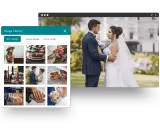 Beispiele für Hochzeitshomepages: Eine Bildbibliothek zeigt Hochzeitsfotos, darunter ein Brautpaar, Ringe und Blumen.