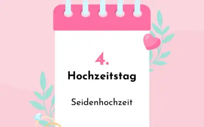 4. Hochzeitstag: Seidenhochzeit. Ein Kalenderblatt mit Herz und Ringen feiert vier Jahre Ehe.
