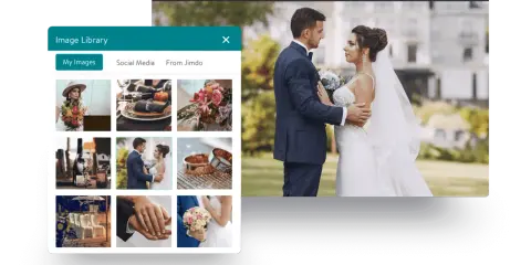 Beispiele für Hochzeitshomepages: Eine Bildbibliothek zeigt Hochzeitsfotos, darunter ein Brautpaar, Ringe und Blumen.
