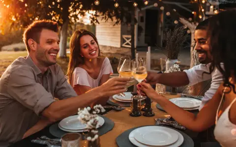 Freunde stoßen mit Wein an bei einem Abendessen im Freien. Die Sonne geht unter und taucht die Szene in warmes Licht. Ein schöner Moment für einen Toast.