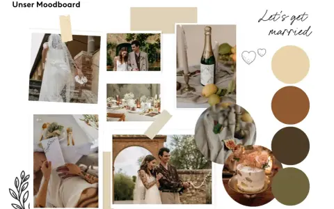 Hochzeits-Moodboard mit Brautpaar, Tischdeko, Champagner und Torte. Natürliche Farben und romantische Stimmung.