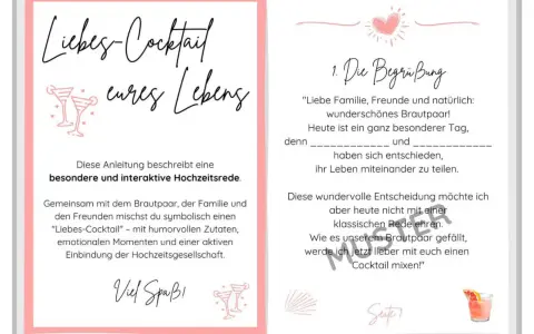 Vorlage für eine interaktive Hochzeitsrede: Ein "Liebes-Cocktail" mit humorvollen Zutaten, perfekt für die Trauzeugin.