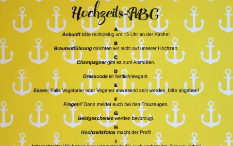 Hochzeits-ABC mit Anker-Muster: Infos zu Ankunft, Dresscode, Essen & mehr.