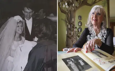 Eine Braut und ihr Bräutigam auf einem Hochzeitsfoto, daneben eine ältere Dame, die in einem Album blättert, das wie eine alte **Hochzeitsanzeige Zeitung** aussieht.