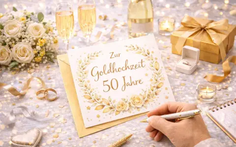 Festliche Szene zur goldenen Hochzeit: Karte mit "Zur Goldhochzeit 50 Jahre", Champagner, Rosen, Ringen und Geschenk. Perfekt, um Ideen zu sammeln, was man zur goldenen hochzeit schreibt.