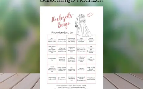 Hochzeits-Bingo-Vorlage mit lustigen Aufgaben, um Gäste kennenzulernen. Perfekt für eine lockere Hochzeitsrede!