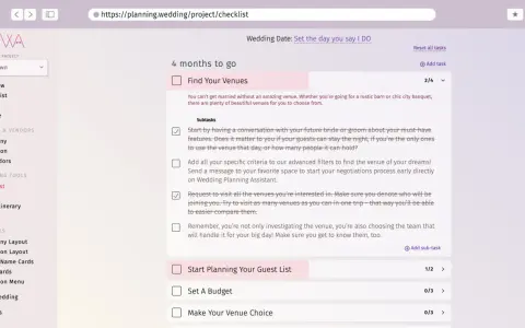 Hochzeitsplanung: Die Checkliste zeigt offene Aufgaben wie "Finde deine Locations" und "Plane deine Gästeliste".