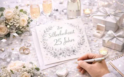 Eine Hand schreibt auf einer Karte "Zur Silberhochzeit 25 Jahre". Umgeben von Blumen, Ringen, Sektgläsern und Geschenken.