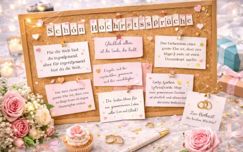 Hochzeitssprüche auf einer Pinnwand, umgeben von Rosen, Kerzen und Geschenken. Eine süße Idee für Hochzeit Gratulation.