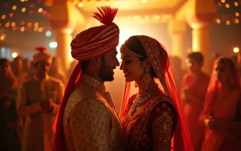 Ein strahlendes Paar bei einer indischen Hochzeit. Der Bräutigam trägt einen goldenen Sherwani und einen roten Turban, die Braut ein rotes Sari-Kleid und Schmuck.