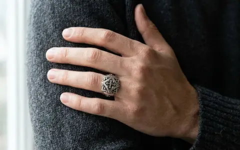 Ein Mann trägt einen detailreichen Ring mit Kreuzmuster an der linken Hand.