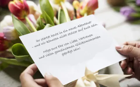Hände halten eine Karte mit Glückwünschen vor einem Blumenstrauß. "Alles liebe zu eurem Hochzeitstag!" steht darauf.