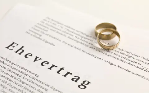 Zwei goldene Eheringe liegen auf einem Dokument mit der Überschrift "Ehevertrag". Eine Ehevertrag Vorlage, die die rechtlichen Vereinbarungen für die Ehe festhält.