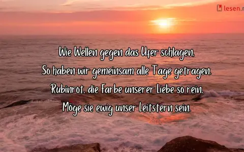 Ein Sonnenuntergang am Meer mit dem Spruch "40 Jahre verheiratet": Wie Wellen gegen das Ufer schlagen, so haben wir gemeinsam alle Tage getragen.