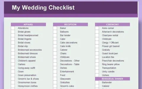 Hochzeits-Checkliste mit Kategorien wie Kleidung, Empfang und Zeremonie. Eine kostenlose Vorlage für Ihre Hochzeitsplanung.