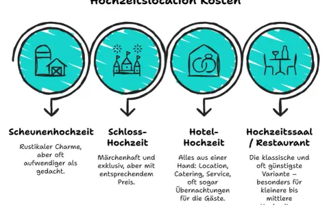 Vergleich von Hochzeitslocation Kosten: Scheune (rustikal), Schloss (märchenhaft), Hotel (all-inclusive) und Hochzeitssaal (klassisch/günstig).