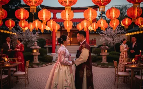 Ein Brautpaar in traditioneller Kleidung blickt sich unter roten Lampions an. Eine wunderschöne chinesische Hochzeit im Abendlicht.