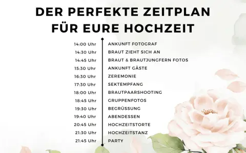 Der perfekte Zeitplan für eure Hochzeit: ab 15 Uhr Trauung, danach Feierlichkeiten wie Sektempfang, Abendessen und Party.
