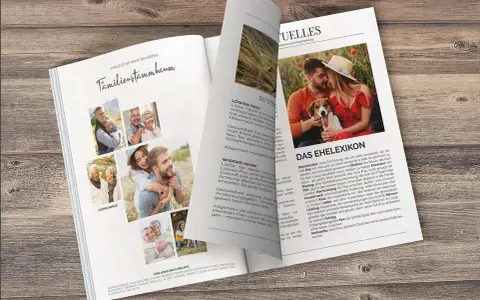 Ideen für eine Hochzeitszeitung: Ein Familienstammbaum mit Fotos und ein Ehelexikon mit humorvollen Definitionen.