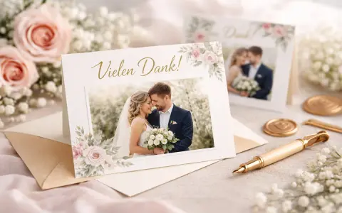Hochzeitspaar auf Dankeskarte mit Blumen. Ein liebevoller Gruß nach der Hochzeit.