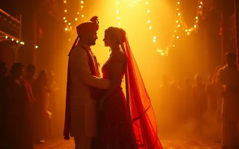 Ein Brautpaar in traditioneller Kleidung blickt sich an, umgeben von warmem Licht und Lichtern. Eine romantische Bollywood-Hochzeit.