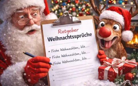 Nikolaus und Rentier erstellen eine Liste mit kurzen Weihnachtssprüchen.