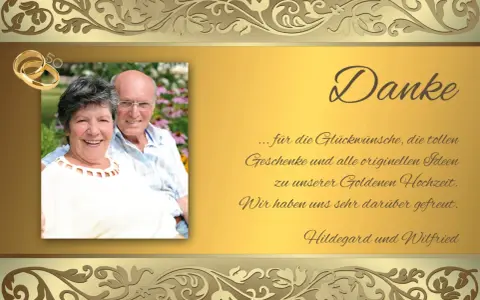 Ein glückliches Paar feiert seine Goldene Hochzeit. Eine lustige Danksagung für Glückwünsche und Geschenke.