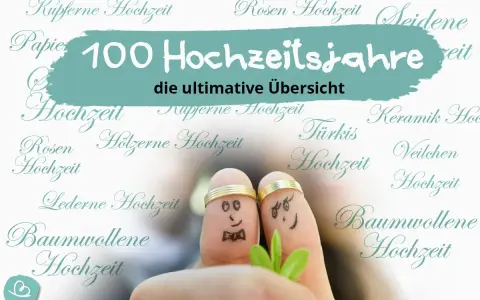 Zwei Finger mit Gesichtern und Ringen feiern 100 Hochzeitsjahre. Die Übersicht zeigt verschiedene Hochzeitsjubiläen.