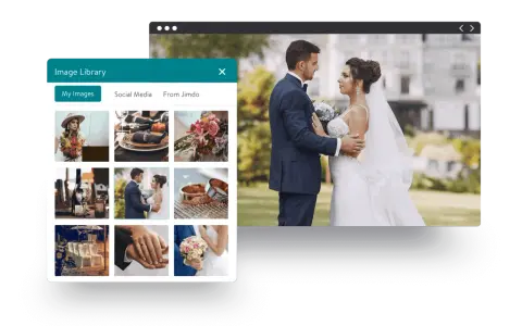 Beispiele für Hochzeitshomepages: Eine Bildbibliothek zeigt Hochzeitsfotos, darunter ein Brautpaar, Ringe und Blumen.