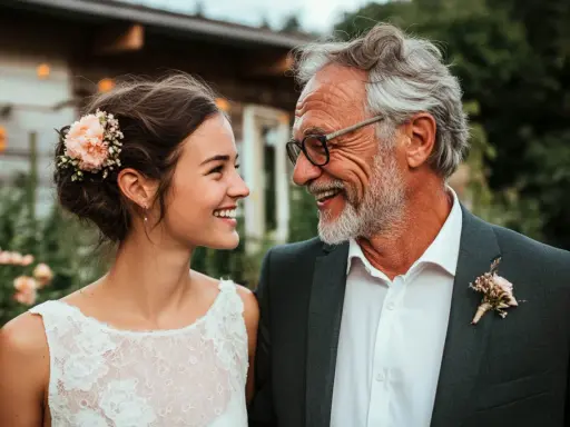 Glücklicher Vater und Tochter, die sich ansehen. Sie lächeln beide. Sie ist in einem weißen Spitzenkleid, er in einem Anzug. Ein schöner Moment vor der Rede zur Hochzeit der Tochter.