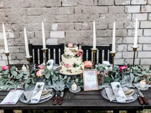 Festlich gedeckter Tisch für eine Hochzeit im Industrial Style mit dreistöckiger Torte, Kerzen und floraler Deko.