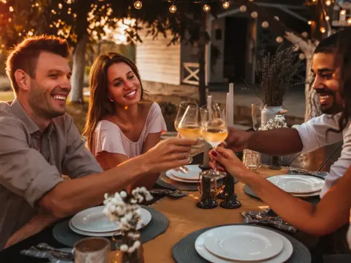 Freunde stoßen mit Wein an bei einem Abendessen im Freien. Die Sonne geht unter und taucht die Szene in warmes Licht. Ein schöner Moment für einen Toast.