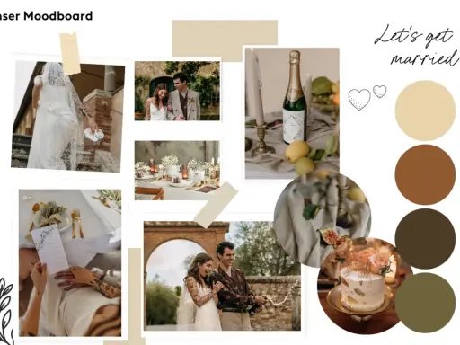Hochzeits-Moodboard mit Brautpaar, Tischdeko, Champagner und Torte. Natürliche Farben und romantische Stimmung.