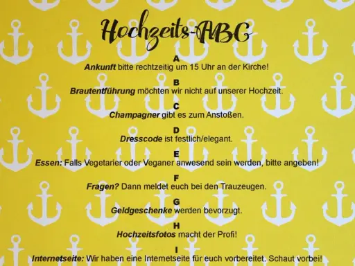Hochzeits-ABC mit Anker-Muster: Infos zu Ankunft, Dresscode, Essen & mehr.