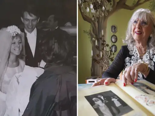 Eine Braut und ihr Bräutigam auf einem Hochzeitsfoto, daneben eine ältere Dame, die in einem Album blättert, das wie eine alte **Hochzeitsanzeige Zeitung** aussieht.