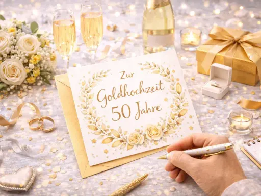 Festliche Szene zur goldenen Hochzeit: Karte mit "Zur Goldhochzeit 50 Jahre", Champagner, Rosen, Ringen und Geschenk. Perfekt, um Ideen zu sammeln, was man zur goldenen hochzeit schreibt.