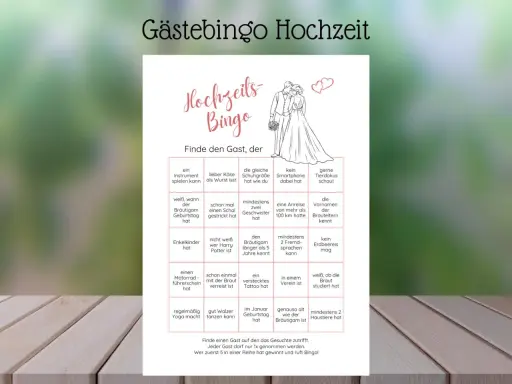 Hochzeits-Bingo-Vorlage mit lustigen Aufgaben, um Gäste kennenzulernen. Perfekt für eine lockere Hochzeitsrede!