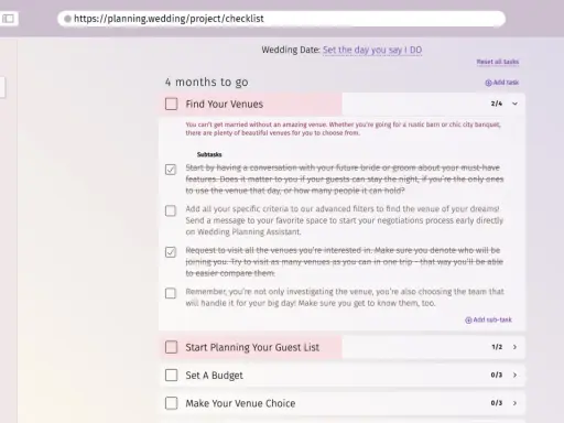 Hochzeitsplanung: Die Checkliste zeigt offene Aufgaben wie "Finde deine Locations" und "Plane deine Gästeliste".