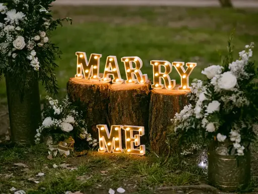 Leuchtende Buchstaben "MARRY ME" auf Baumstämmen, umgeben von Blumen. Perfekte heiratsantrag ideen für einen romantischen Moment.