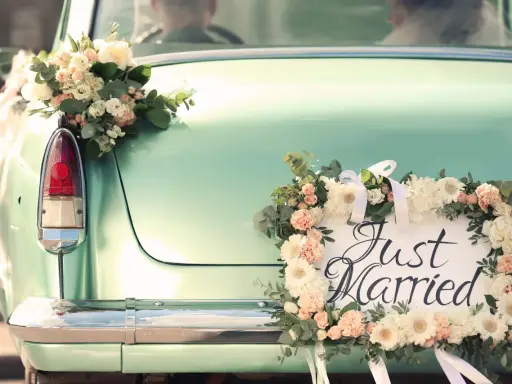 Hochzeitsauto mit Blumen geschmückt. Ein Schild "Just Married" und ein Brautstrauß zieren das Heck. Ein schöner Anlass für einen Sonderurlaub zur Hochzeit meines Bruders.