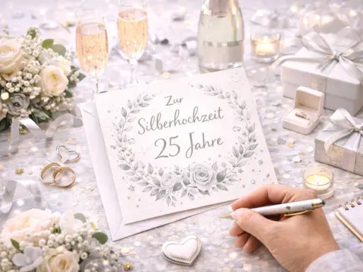 Eine Hand schreibt auf einer Karte "Zur Silberhochzeit 25 Jahre". Umgeben von Blumen, Ringen, Sektgläsern und Geschenken.