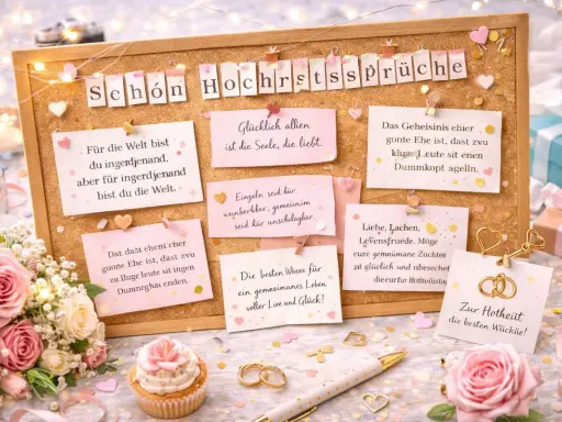 Hochzeitssprüche auf einer Pinnwand, umgeben von Rosen, Kerzen und Geschenken. Eine süße Idee für Hochzeit Gratulation.